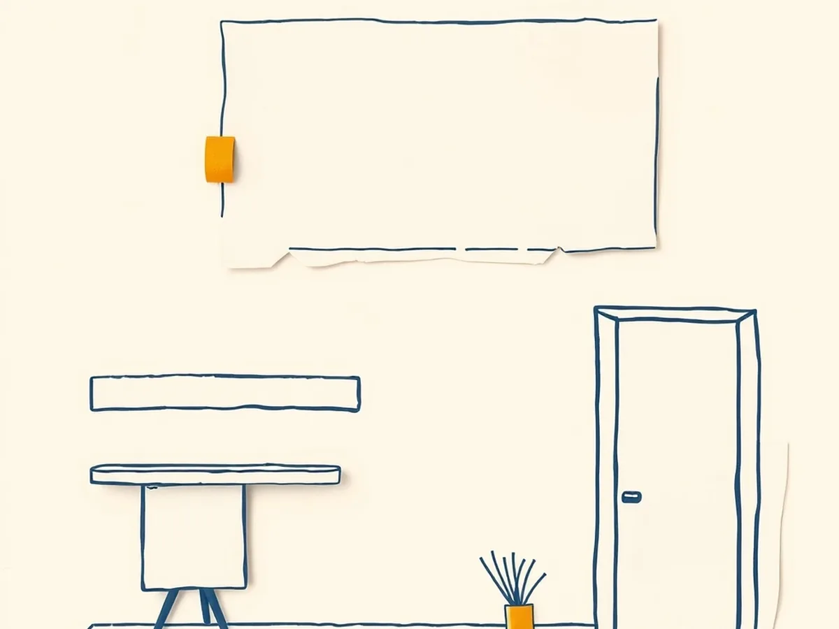 Paper cut-out room elevation showing four classroom display zones — board, wall strip, desk area, and door-adjacent surface — as abstract paper silhouettes
