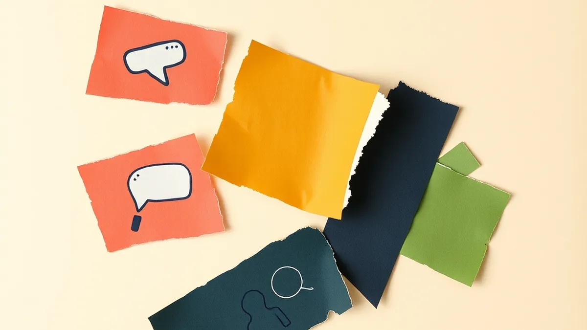 Five colorful torn paper scraps with doodle icons on cream — the five elements of the CRAFT AI prompting framework for middle school