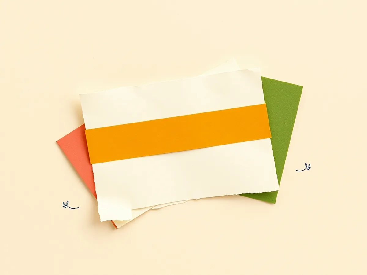 Three fanned torn-paper scraps in coral, mustard and green representing tiered reading levels for AI literacy