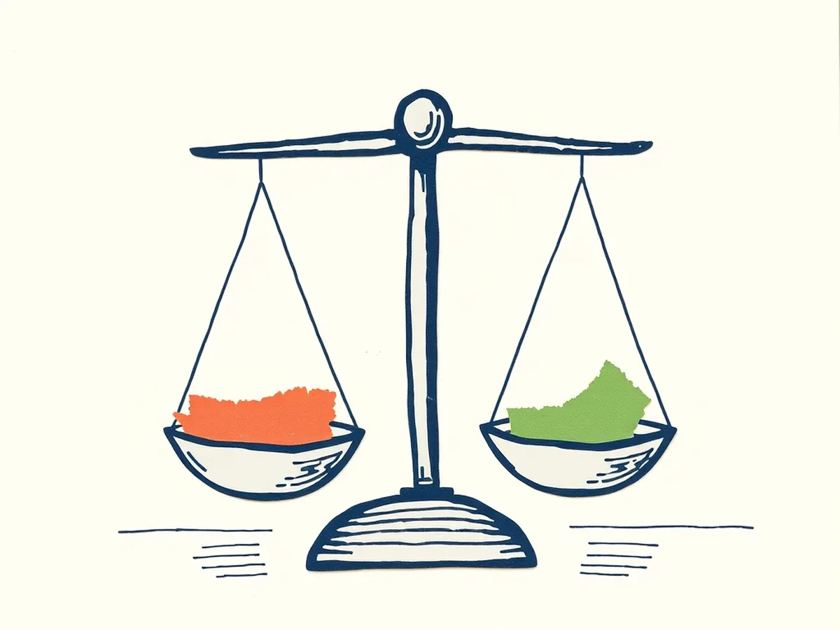 Hand-drawn balance scale with coral and green torn-paper scraps on each pan — SIFT verification weighing AI output against a real source
