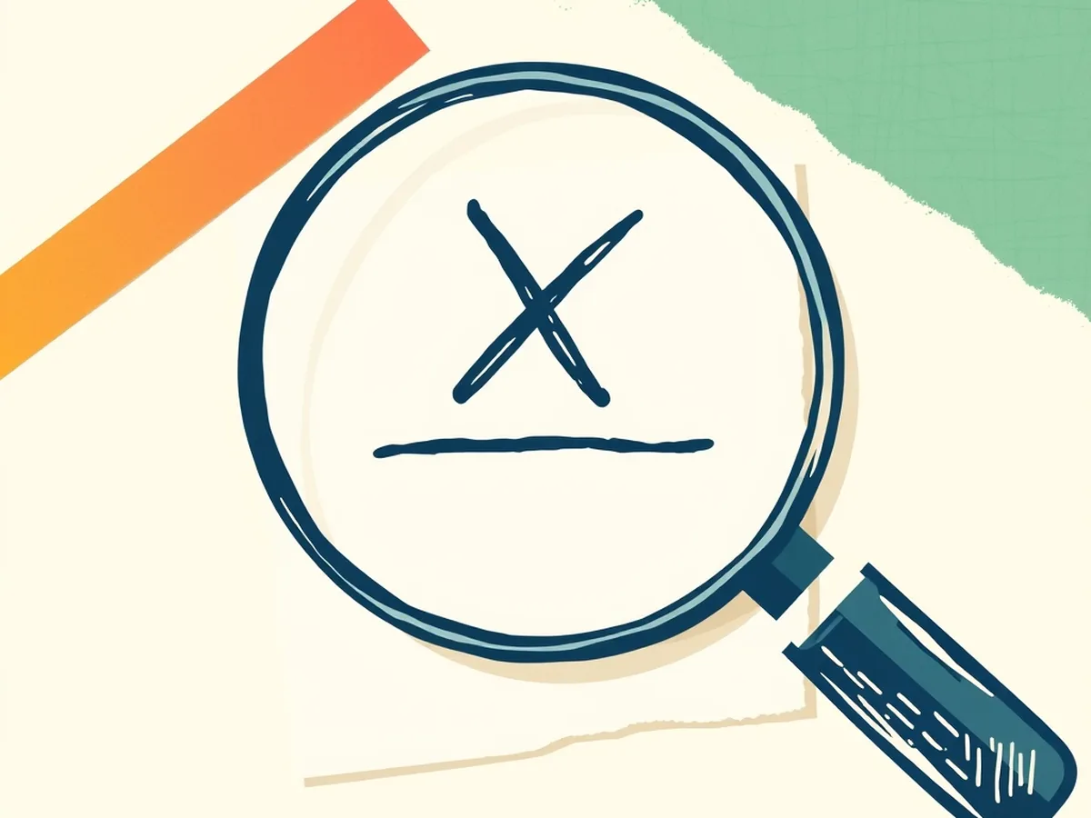 Navy magnifying glass hovering over a torn paper feedback card with an X-mark doodle in the lens, showing how students spot flaws in AI writing feedback