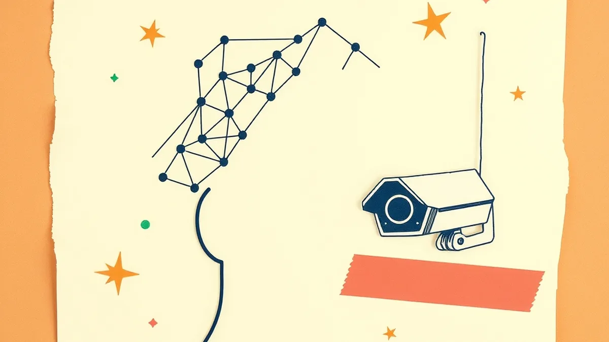 Paper-cutout face outline of connected dot-nodes with a coral camera shape, facial recognition lesson plan middle school collage illustration