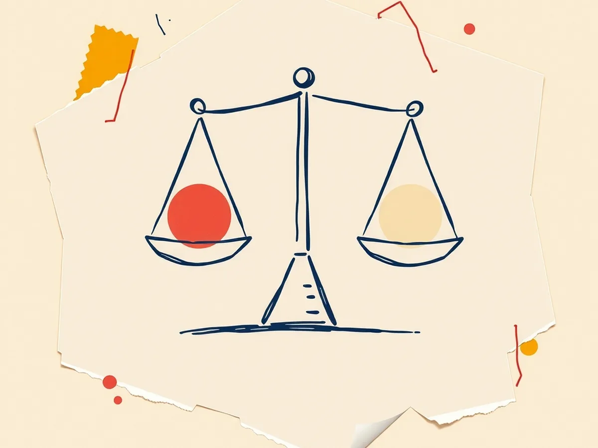 Tilted paper balance scale with two oval paper tokens of different tones in each pan, illustrating algorithmic bias and unequal AI error rates