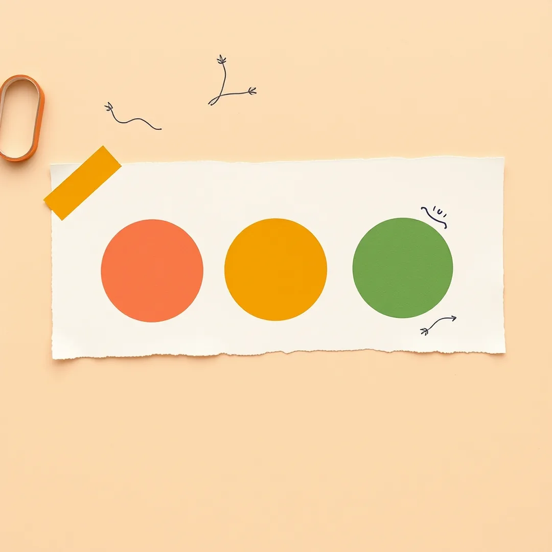 Three colored dots — coral, mustard, and green — on a cream paper card with washi tape, representing three lesson phases