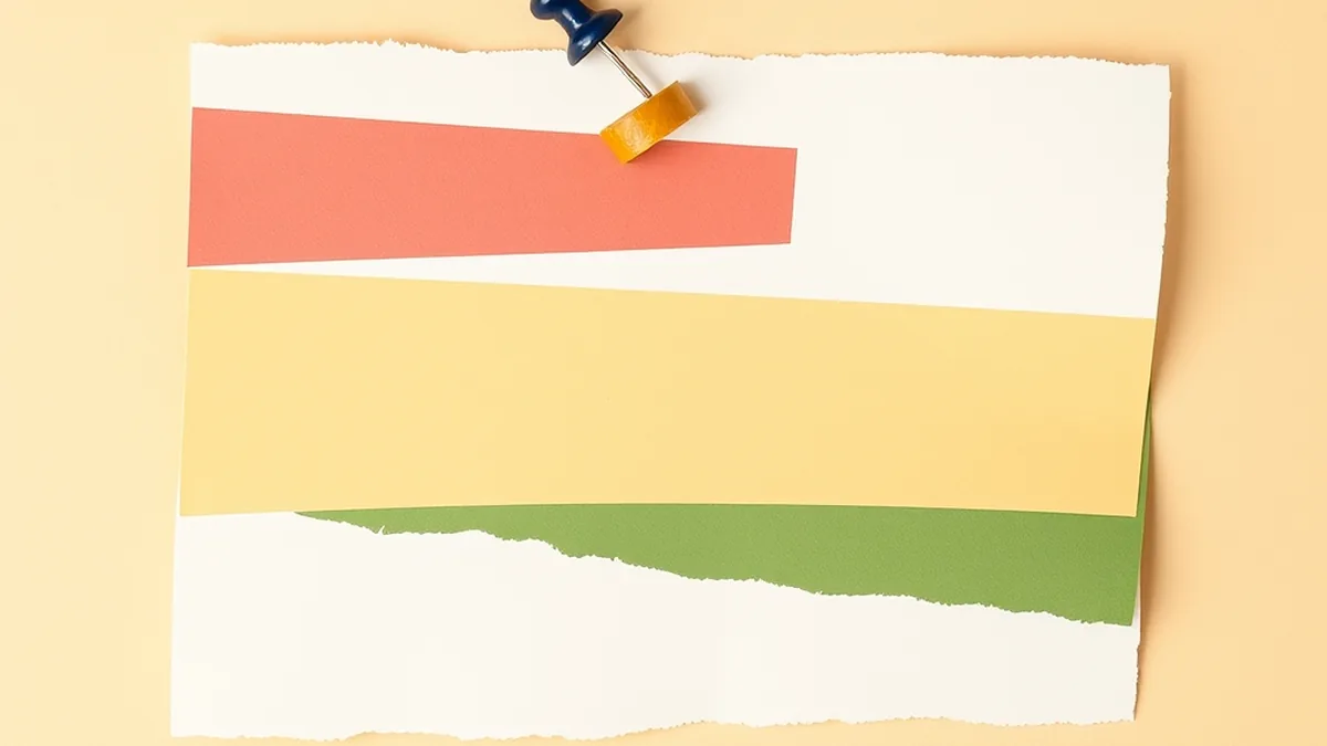 Three-banded torn paper lesson card in coral, mustard, and green pinned on cream — the three-part structure of a free grade-7 AI lesson plan