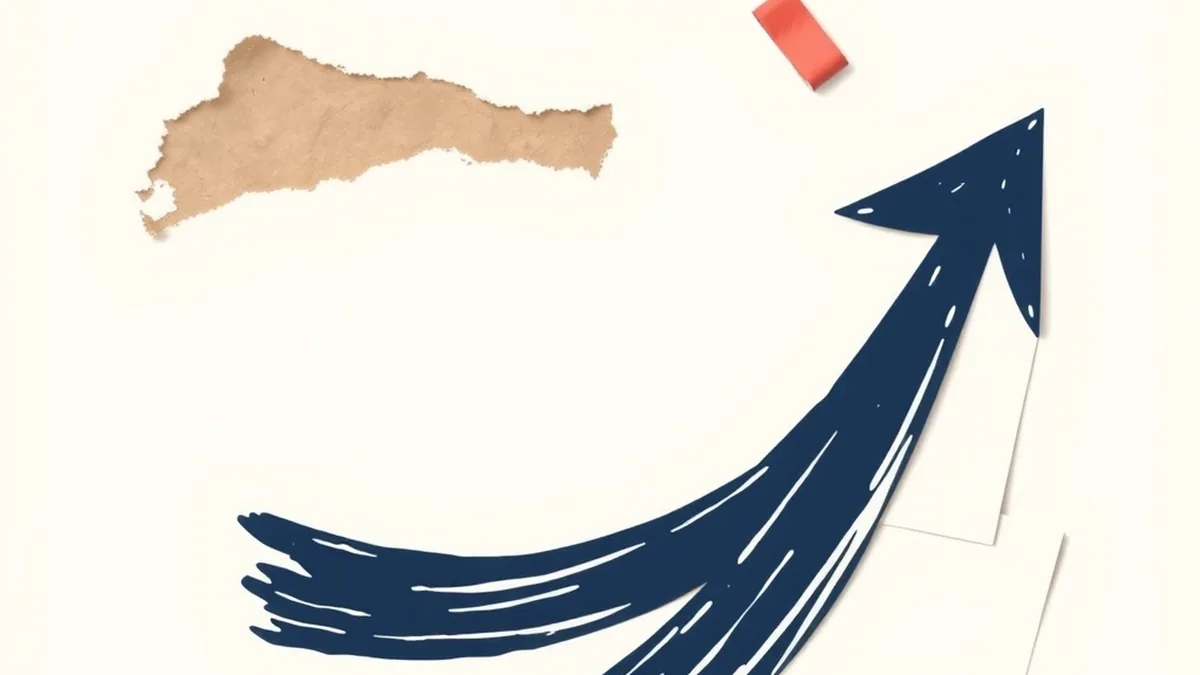 Bold navy curved arrow sweeping from lower-left to upper-right on cream paper, representing the past-to-future arc of a history of AI lesson plan middle school
