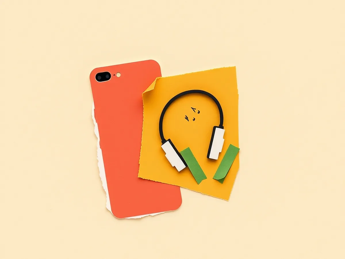 Three paper silhouettes — coral phone, navy headphones, green camera aperture — representing present-day AI devices students already use