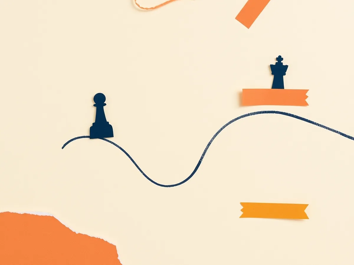 Winding navy path with a chess-piece silhouette and coral speech-bubble marking AI milestones from Turing to ChatGPT for a middle school lesson