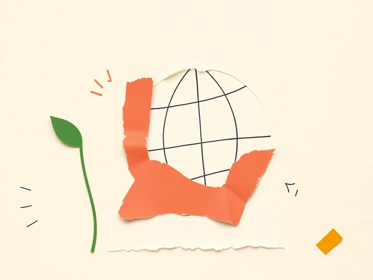 Green sprouting plant, coral globe arc, and navy forward arrow on cream paper — representing the hopeful future of AI arc in a middle school lesson plan extension