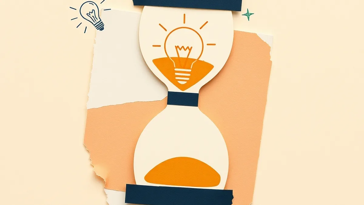 Paper-cutout hourglass and lightbulb outline on a cream bulletin board, evoking a one-hour AI Hour of Code activity for middle school