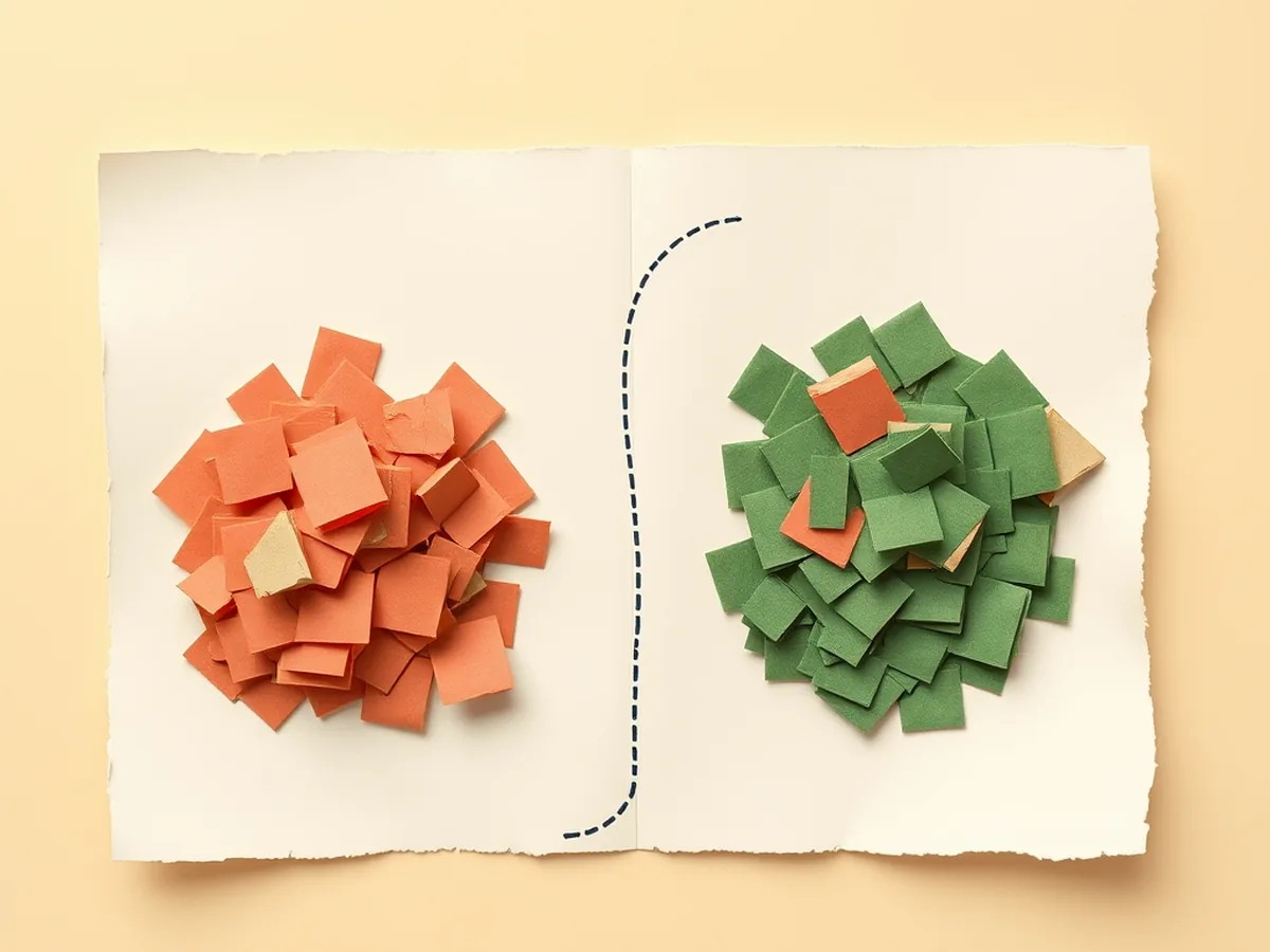 Torn paper card with coral and green tile piles divided by a dashed arc, illustrating a data-sorting AI activity for Hour of Code
