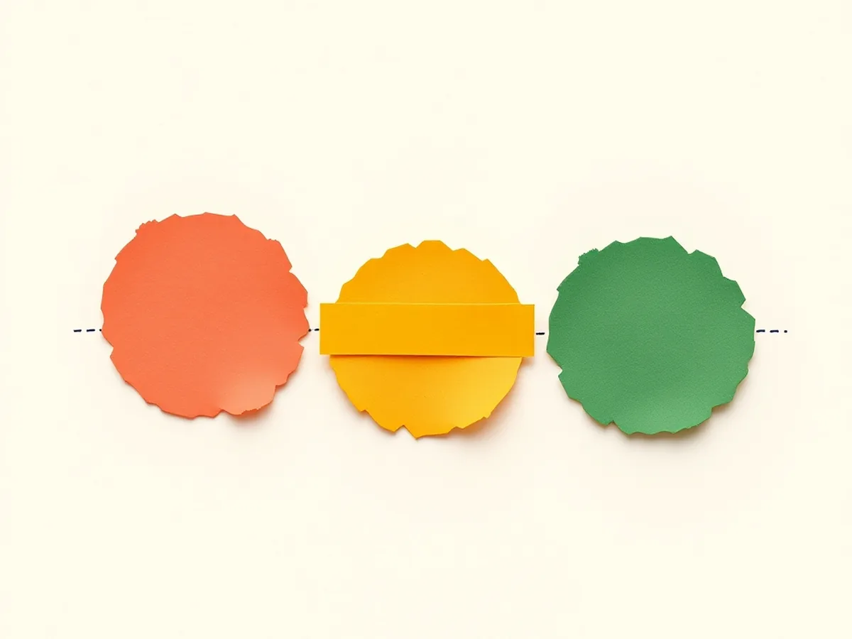 Three colored paper nodes linked by dashed navy lines on cream paper, representing an unplugged neural-network signal-flow activity