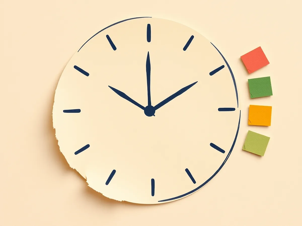 Numberless clock face beside three color-coded torn-paper pacing tabs, illustrating a minute-by-minute Hour of AI lesson plan