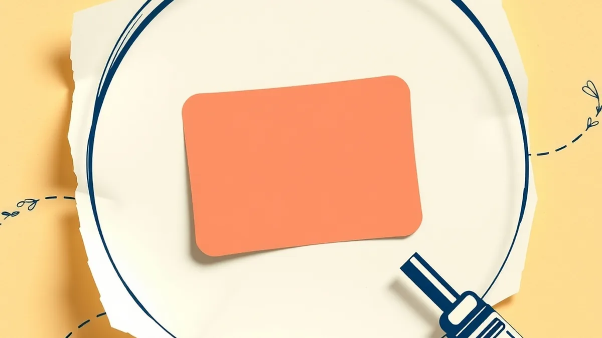 Paper collage of a blank paper payment card under a navy magnifying glass with colorful ribbon strips, illustrating how AI detects credit card fraud