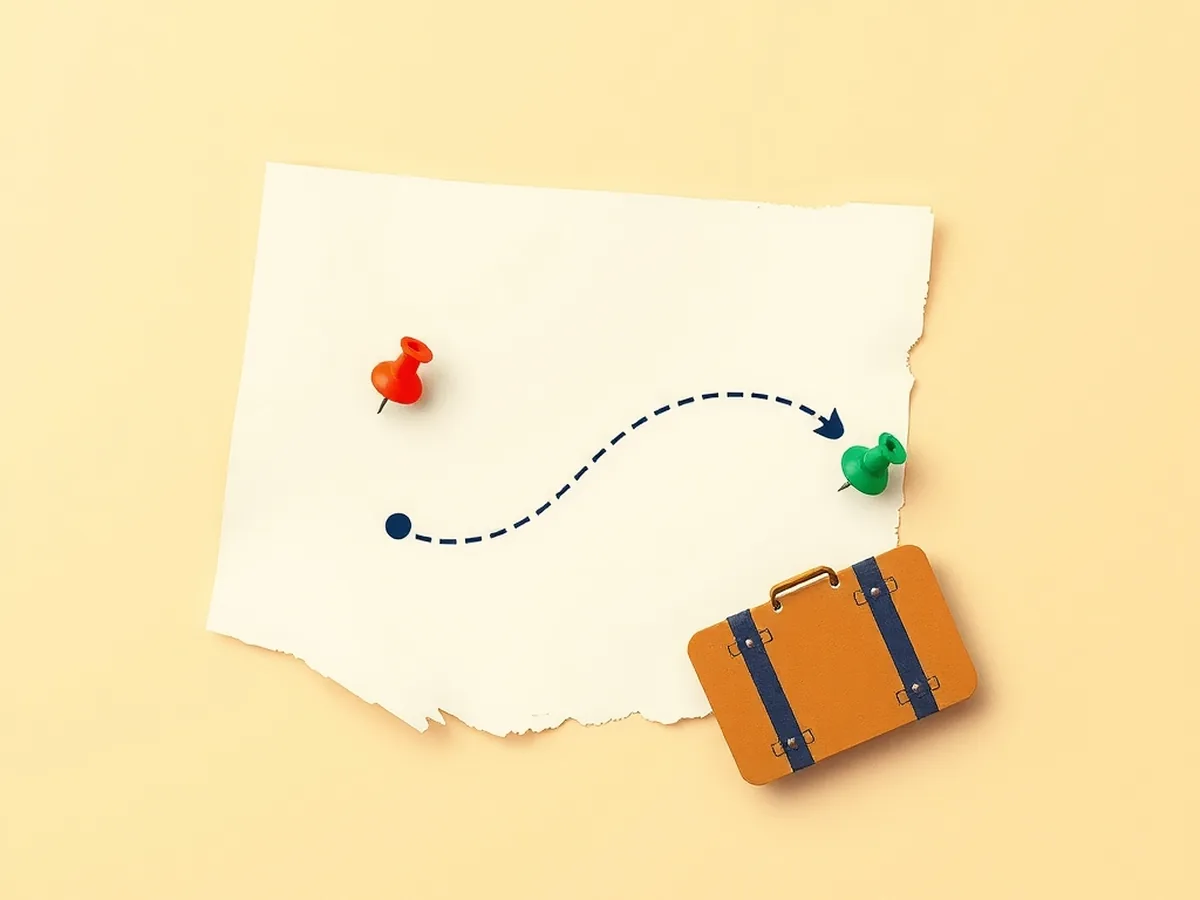 Paper collage of a continent outline with two push-pin dots connected by a dashed arc, a mustard suitcase, and a crossed-ribbon barrier showing a travel false-decline scenario