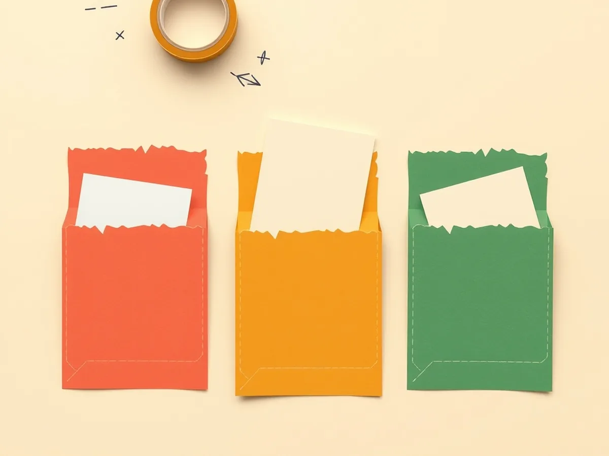 Flat-lay of three color-coded paper pockets with cream transaction cards being sorted into them, representing the no-device fraud detector card-sort classroom activity