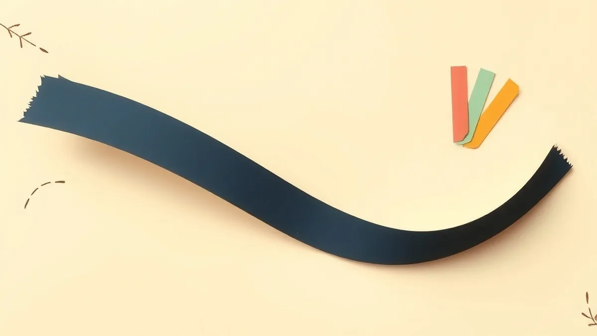 Abstract paper-collage waveform ribbon curling into a repeating pattern shape, representing how AI music generation works for middle school students