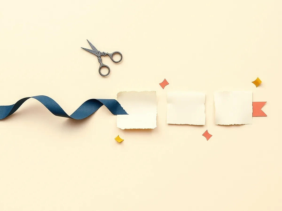 Paper-collage pipeline showing a waveform ribbon cut into tiles and re-sequenced, illustrating how AI music models process sound