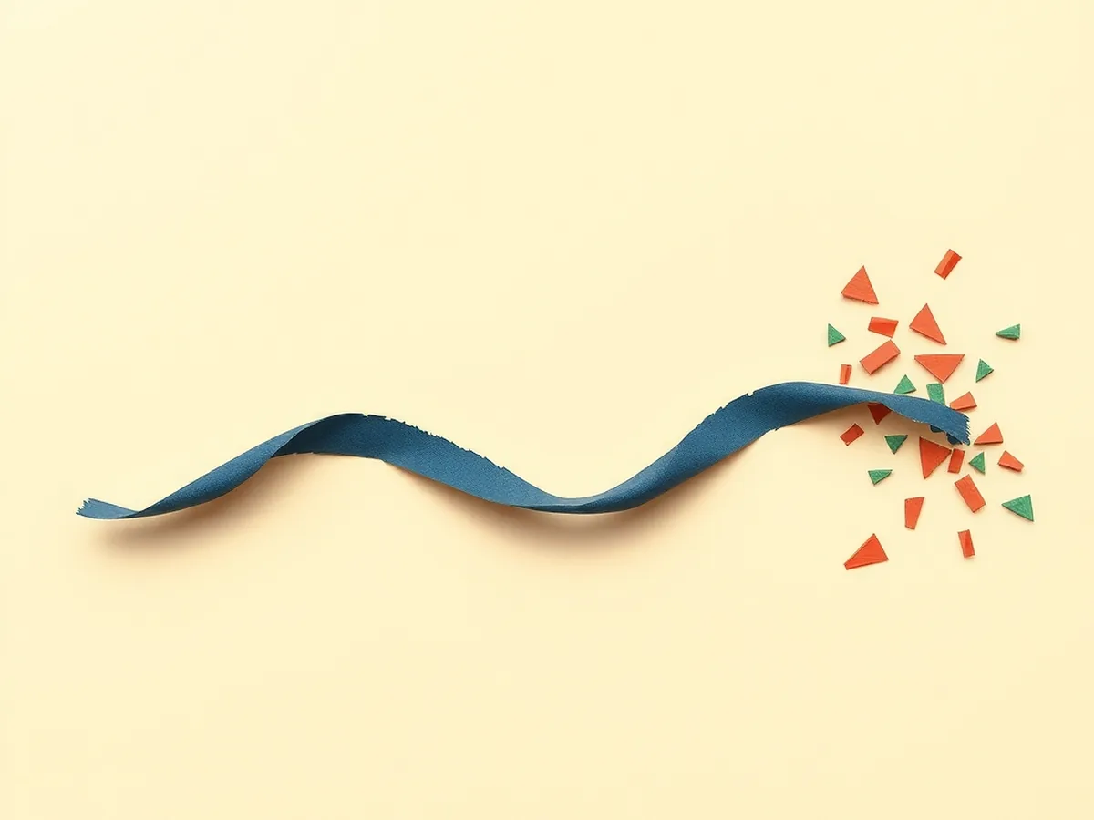 Waveform ribbon transitioning from smooth to frayed and scattered paper scraps, representing where AI music generation breaks down
