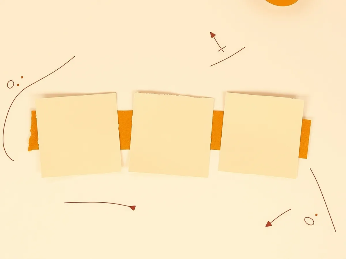 Overhead paper-collage of blank cream tiles arranged in a row on a warm desk, representing the Be the Music Model card-sort activity