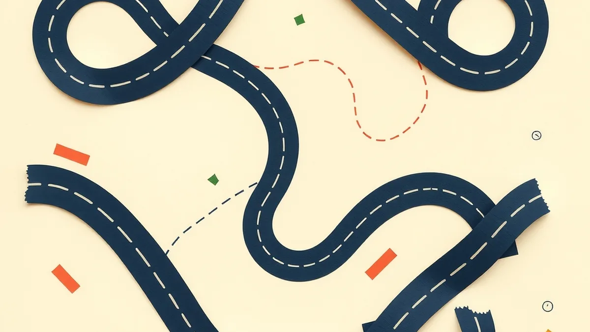 Paper collage road network with a dashed coral fastest-route line snaking through navy ribbon strips, illustrating how AI navigation apps predict traffic