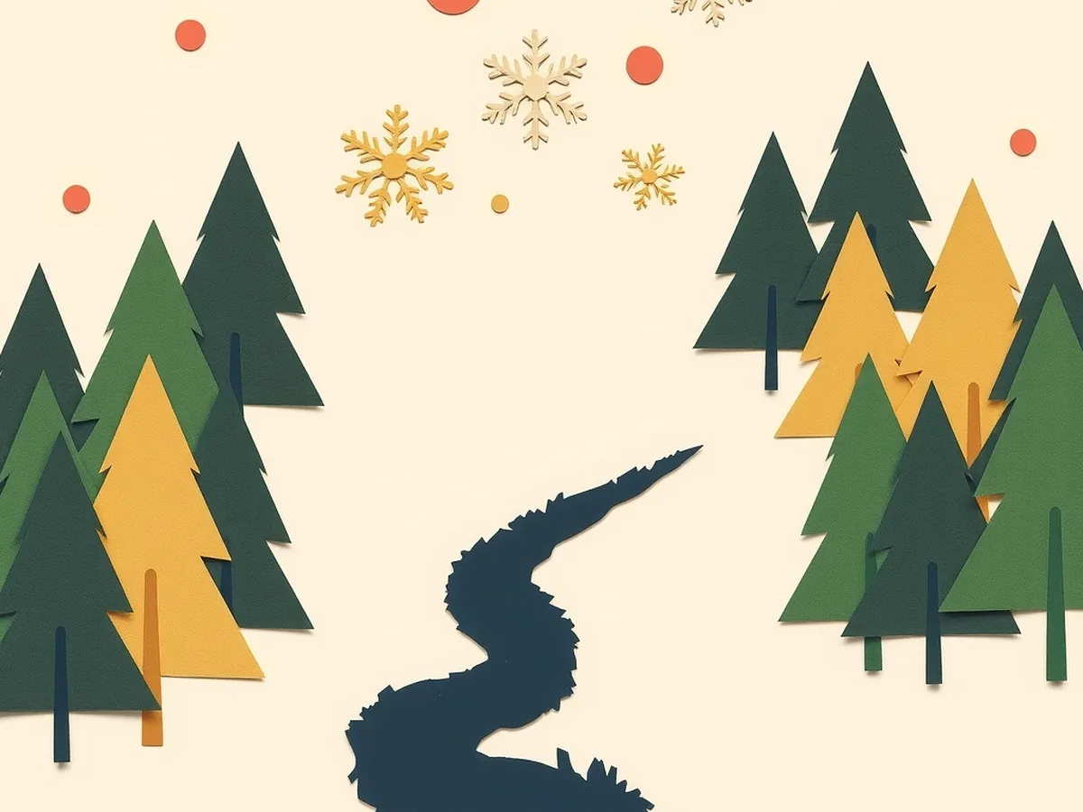 Snowflake paper shapes cover a narrow forest path as a dashed coral route line veers the wrong way, representing AI traffic prediction failing in a snowstorm