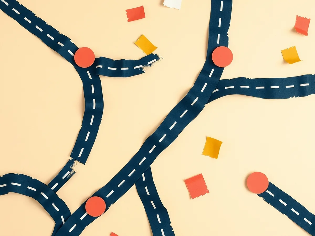 Overhead paper collage of navy road strips, coral node circles, and blank cream travel-time cards arranged on a desk like the Road Graph Game classroom activity