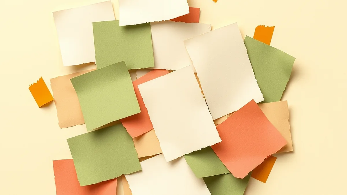 Torn photo-print scraps clustering by similarity on a cream surface, representing how AI photo search organizes images by meaning