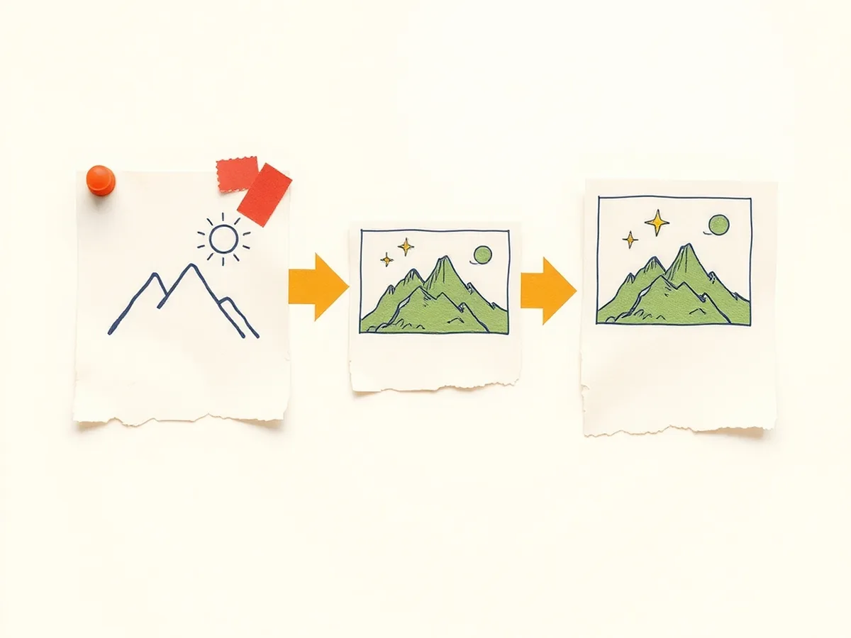 Three-step paper collage flow showing a photo card with tag scraps, a dot cluster, and a magnifier, illustrating how AI photo search pipeline works