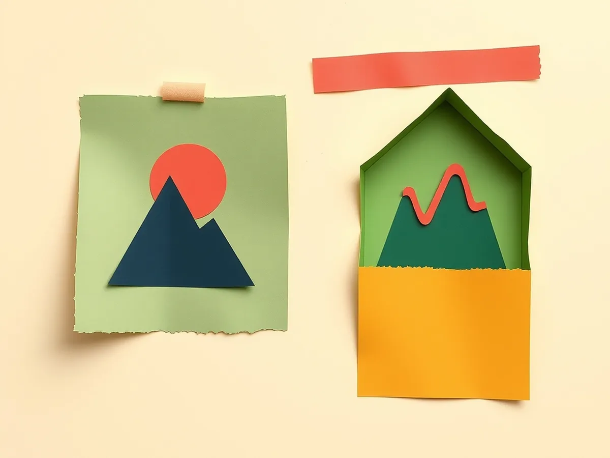 Paper collage of a photo-print card and a mismatched category bin marked wrong, showing how AI photo search can misclassify an image