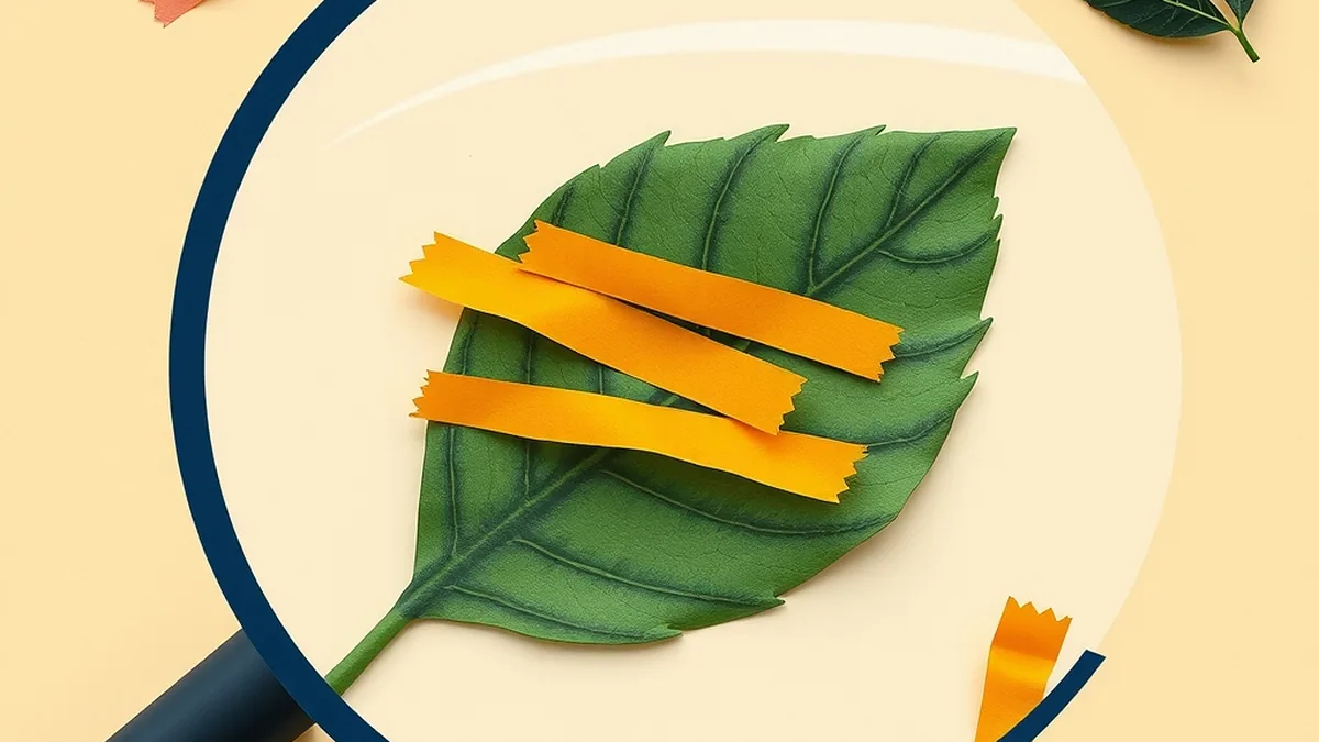 Paper collage of a magnifying lens over a botanical leaf specimen with abstract scan strips, representing how plant identification apps read visual features