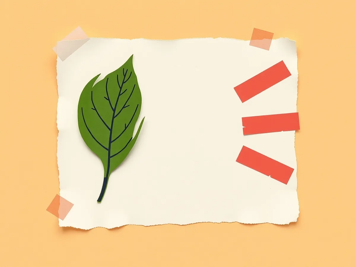 Paper collage card showing a leaf shape with radiating feature strips and a ranked stack of paper layers, illustrating the plant identification app pipeline