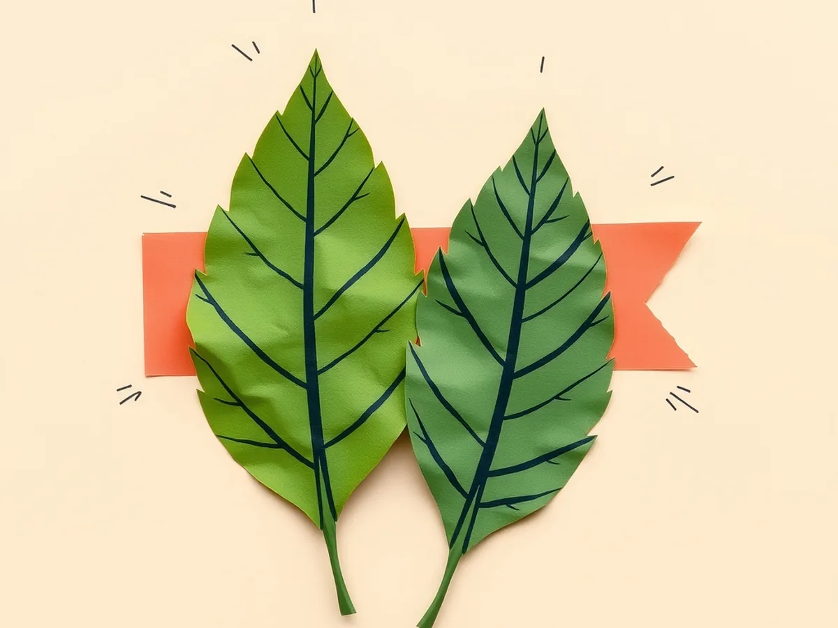 Two nearly identical paper-cut leaf shapes side by side on cream paper, representing lookalike plant species that cause plant identification apps to fail