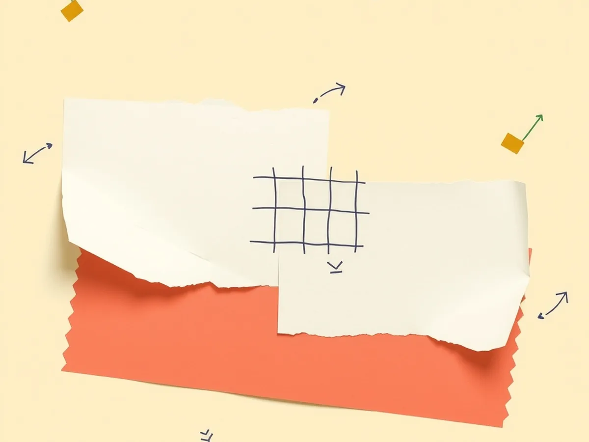 Four torn paper cards connected by arrow doodles showing the four-stage pipeline of AI handwriting recognition in abstract paper-collage form