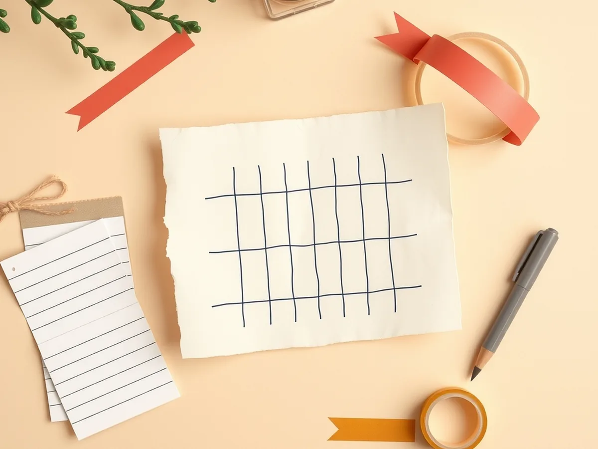 Flat-lay paper collage of a doodled grid card, blank template index cards, and a checkmark response card representing the no-device Be the OCR classroom lesson