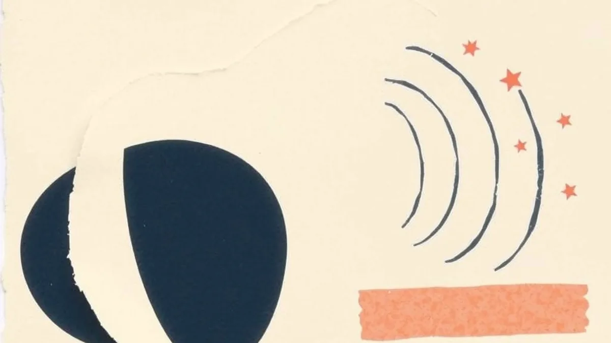 Paper collage of a navy speaker emitting sound-wave ribbons that dissolve into a star-dot constellation — how AI recognizes songs as a fingerprint