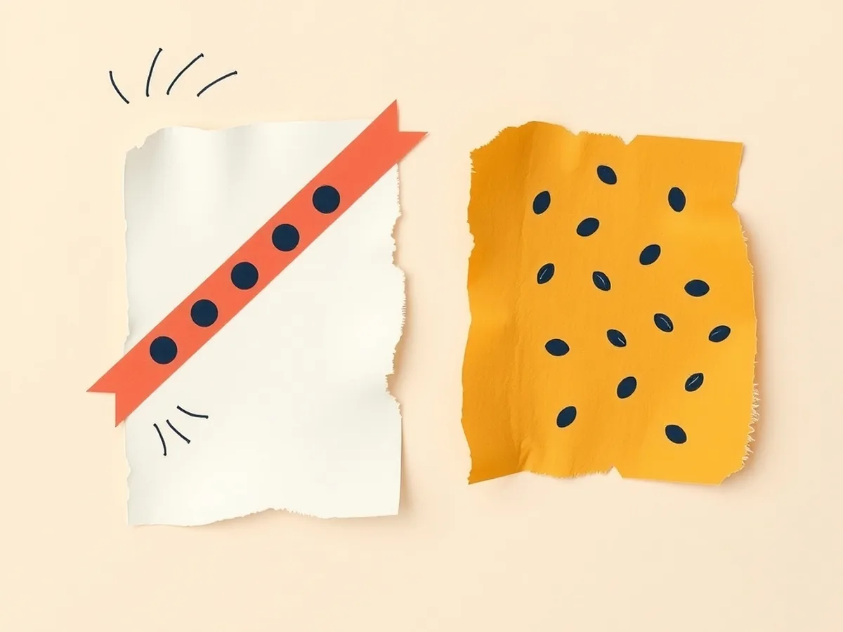 Two torn-paper scraps with dot constellations that do not align, contrasting a matched song fingerprint with an unmatched hummed melody