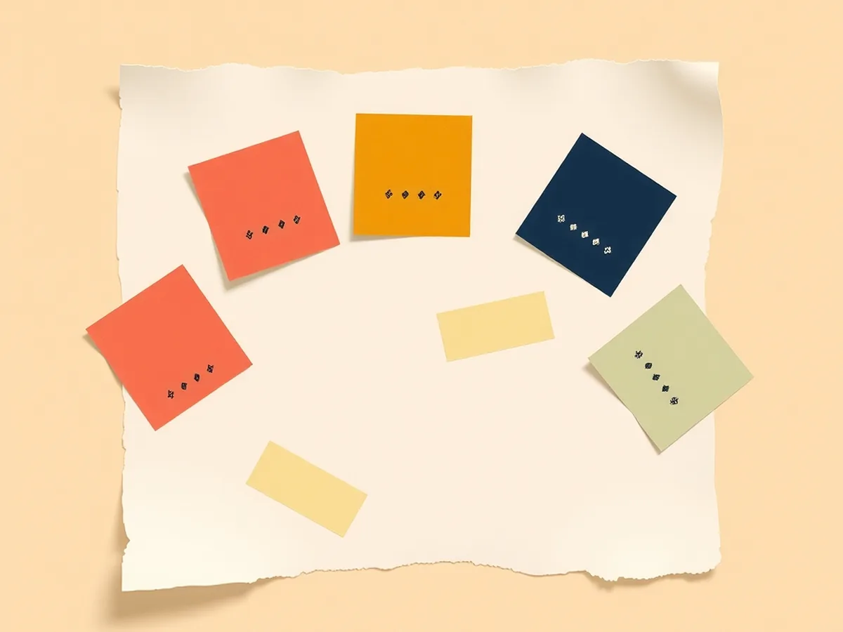 Flat poster-style illustration of torn paper scraps with dot marks arranged as a card-sort activity for the Shazam fingerprint lesson