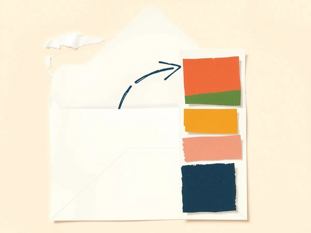 A torn-paper envelope with an arrow pointing to a column of four colored chips, showing how a spam filter breaks an email into separate scored signals