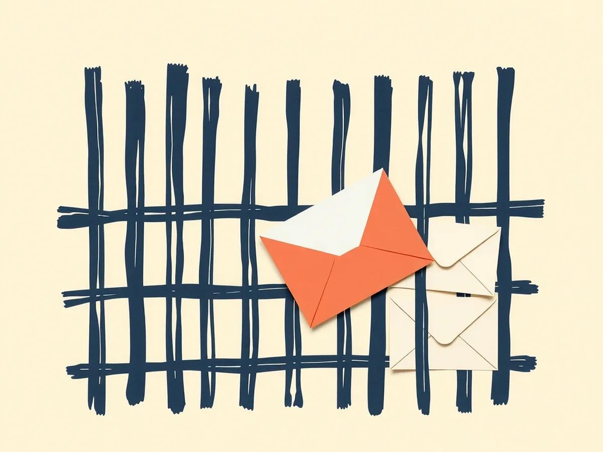 A coral paper envelope slipping through a gap in a navy ink sorting fence while other envelopes are blocked, illustrating how spam evades AI filters