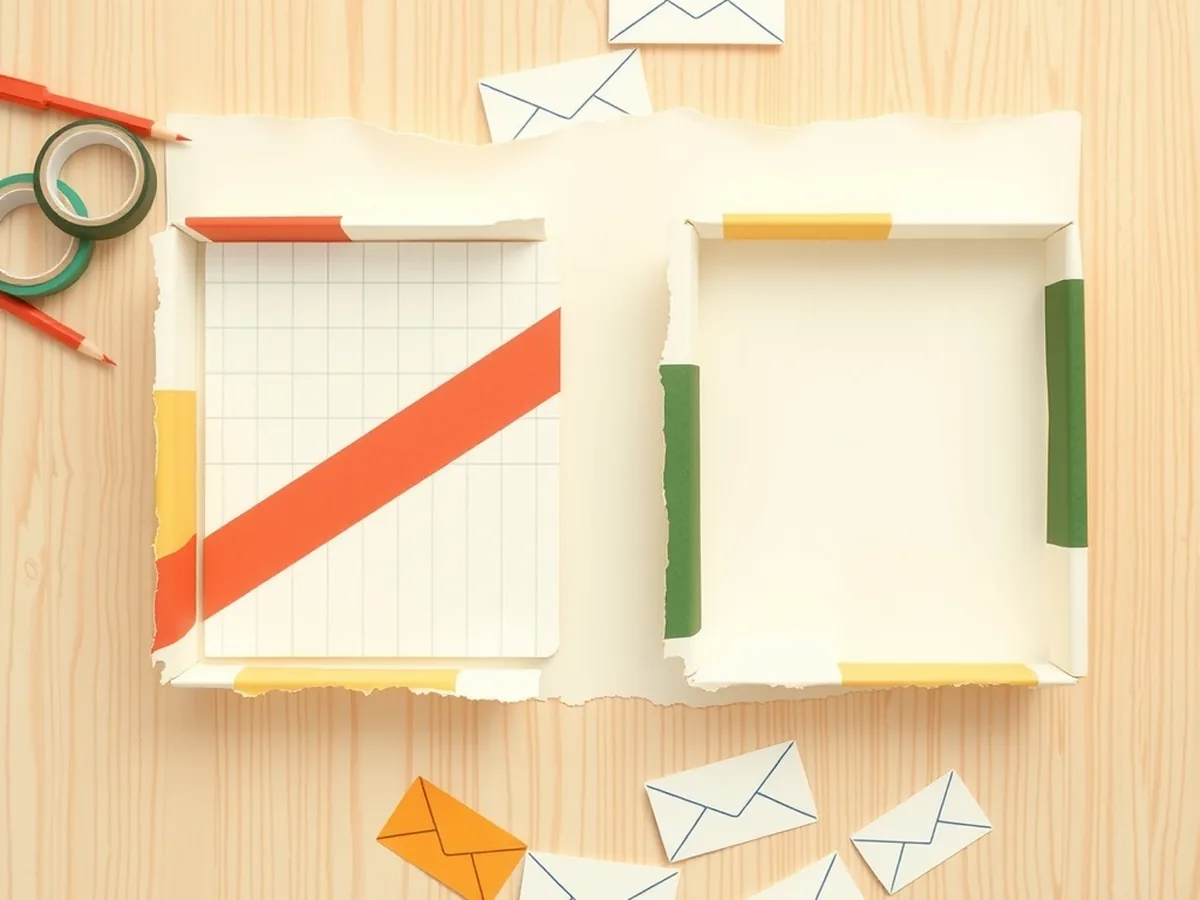 Overhead flat-lay of blank paper envelope shapes being sorted into a coral tray and a green tray on a cream desktop, illustrating the unplugged spam filter card-sort lesson