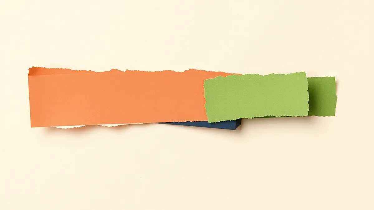 Paper collage strip flowing in coral through a navy transformation node and emerging green, representing the AI translation pipeline for a middle school lesson