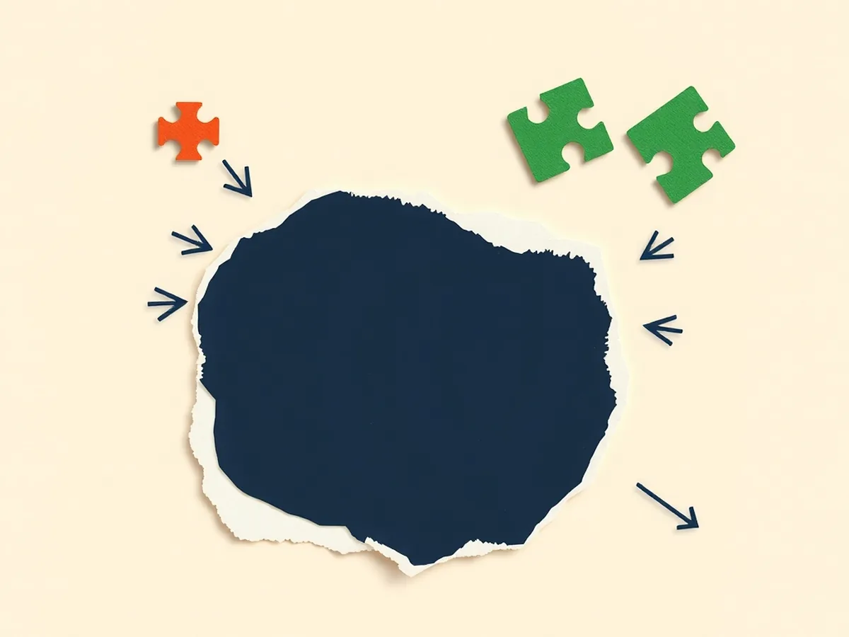 Navy blob with coral scraps entering and green scraps exiting — AI translation relay in paper collage