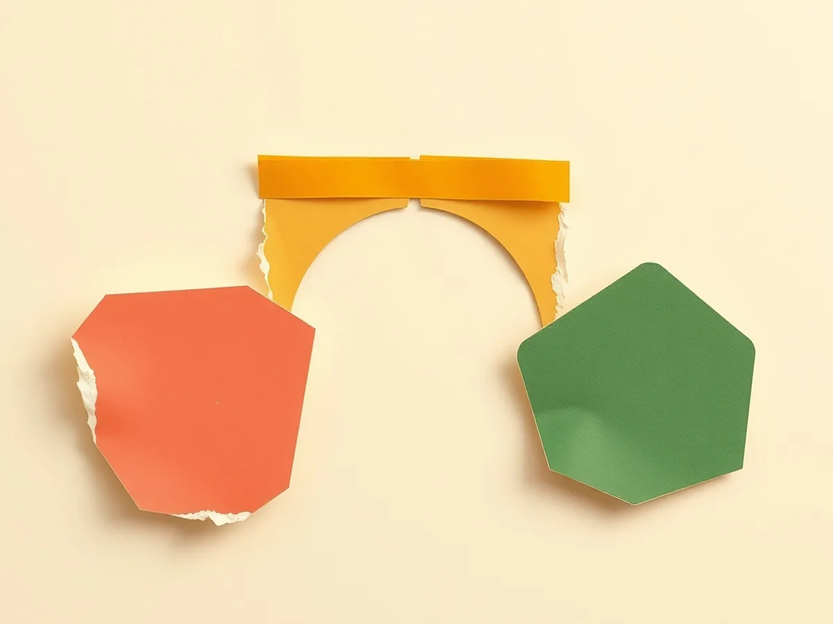 Mustard arch bridge torn apart between coral and green landmasses — AI translation breakdown in paper collage