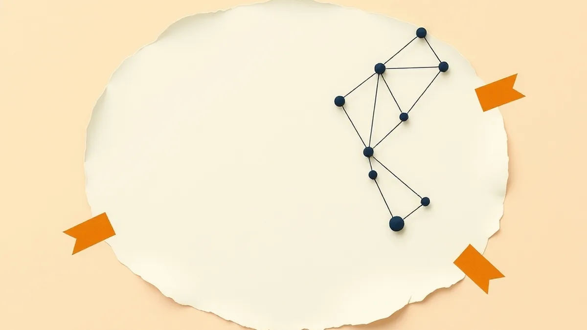 Empty oval paper mask overlaid with a dot-node mesh and mustard paper puppy-ear cutouts, illustrating how AR face filters work for middle school