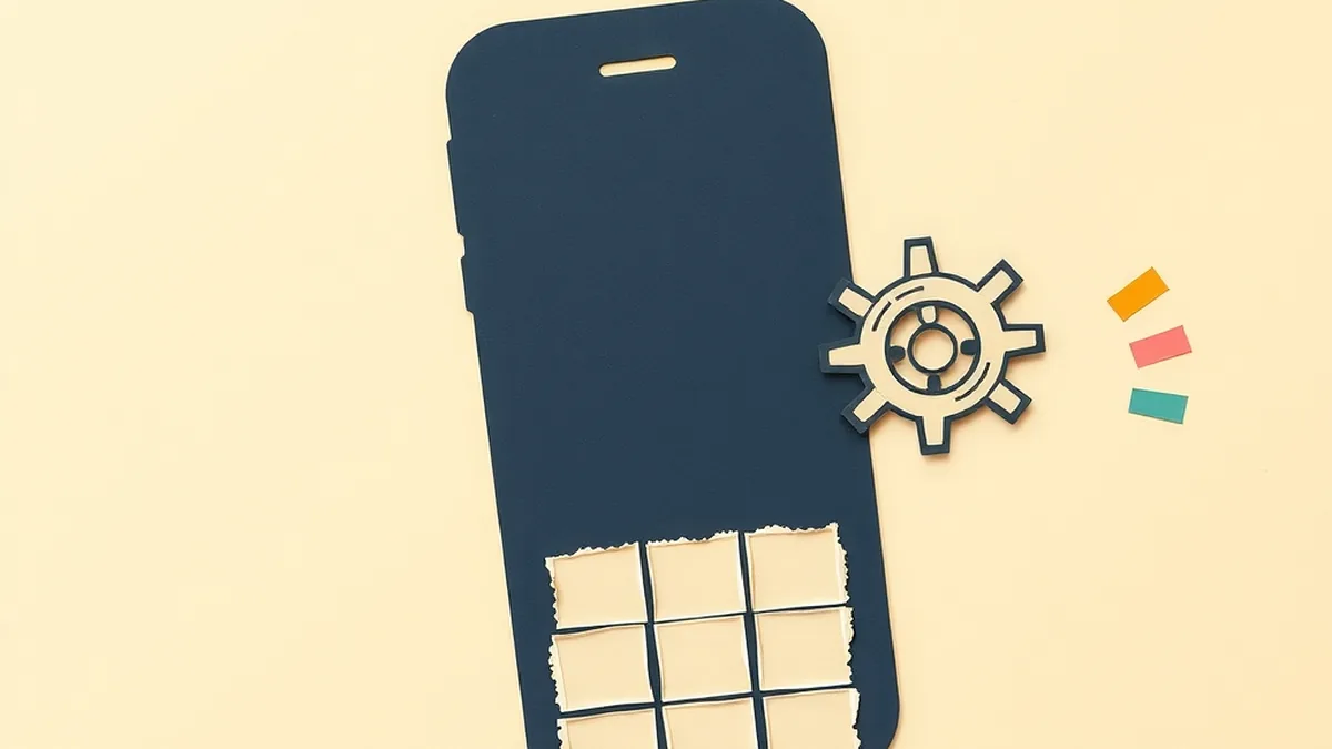 Paper collage of a rounded smartphone silhouette with blank tile keys and a mustard gear shape, illustrating how autocorrect works as a decision machine