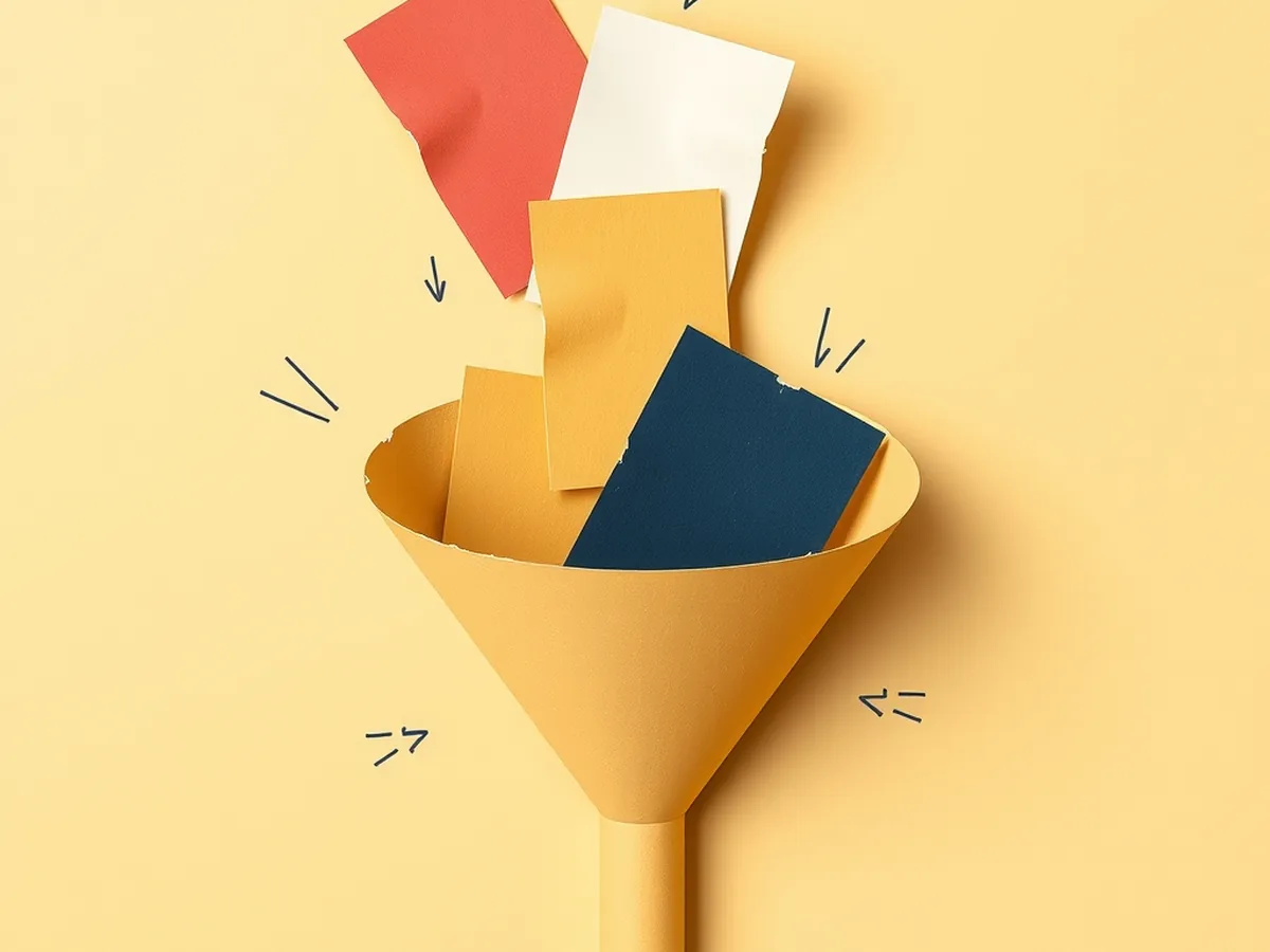 Paper collage of a mustard funnel sorting many candidate cards into one chosen green card, representing how autocorrect scores and picks a word