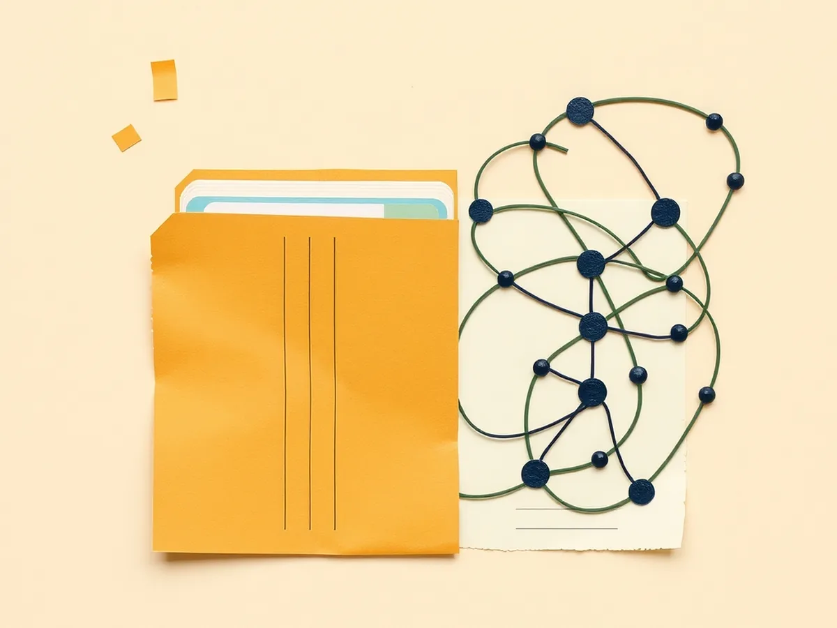 Split paper collage contrasting an old boxy card-file shape with a woven node-and-thread motif, representing old autocorrect versus new AI keyboard