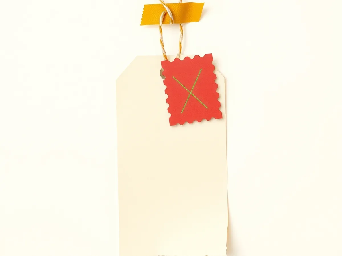 Blank paper luggage tag with a coral stamp block descending over it, representing how autocorrect fails on names and dialects through bias