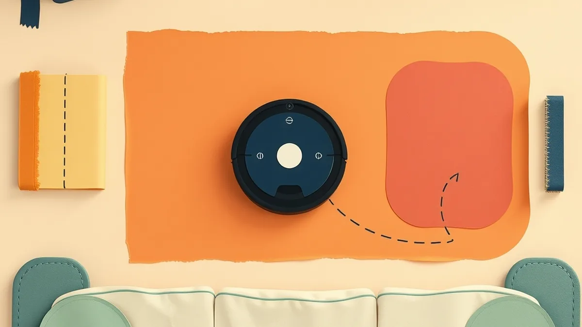 Top-down paper collage illustration of a robot vacuum disc tracing a dotted coral path across a cut-paper living-room floor with sofa and wall shapes